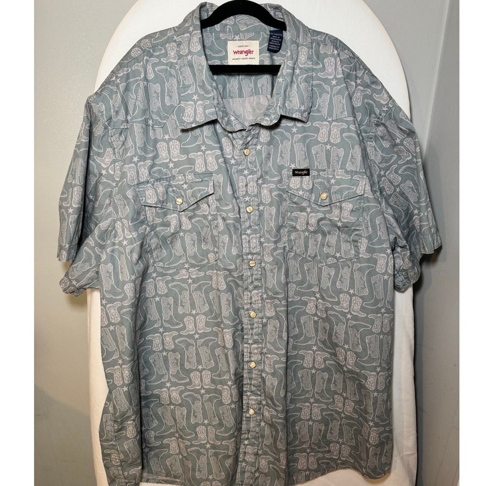 Wrangler Mens XXL Western Pearl Snap Shirt Cowboy Boot Star Print Short Sleeve